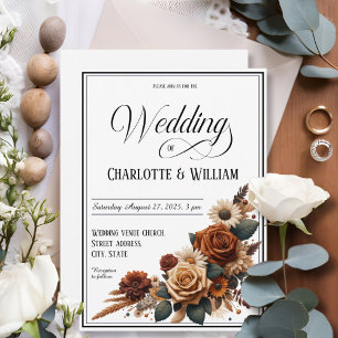 エレガントな結婚式のスクリプト ブラウン フローラル ホワイト 招待状