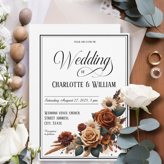 エレガントな結婚式のスクリプト ブラウン フローラル ホワイト 招待状