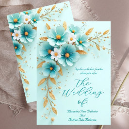 エレガントな結婚式のターコイズブルーと白と金の花 招待状
