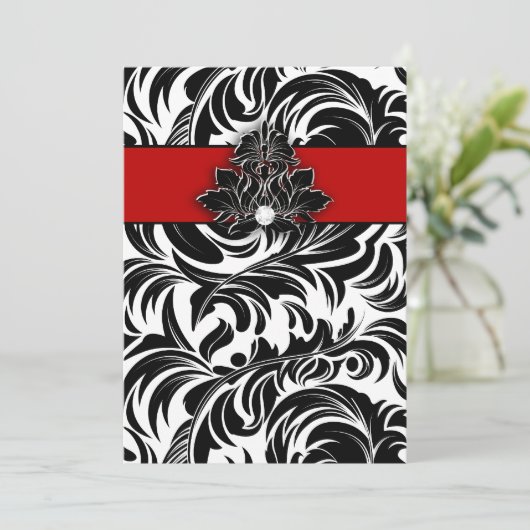 エレガントな結婚式のダイヤモンドの紋章の赤の白黒 招待状 (スタンド正面)