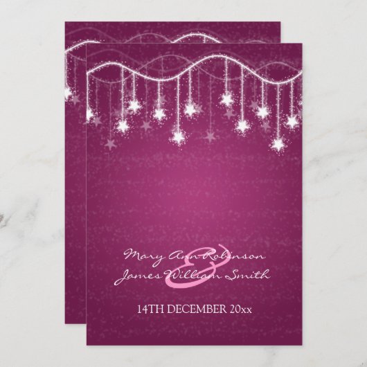 エレガントな結婚式のチラチラ光るスターズベリーピンク 招待状 (正面/裏面)