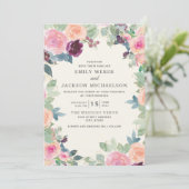 エレガントな結婚式のピンクとパープルの水彩花 招待状 (スタンド正面)
