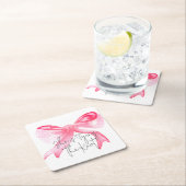 エレガントな結婚式のピンクの蝶結び ブライダルシャワー スクエアペーパーコースター (インサイチュ)