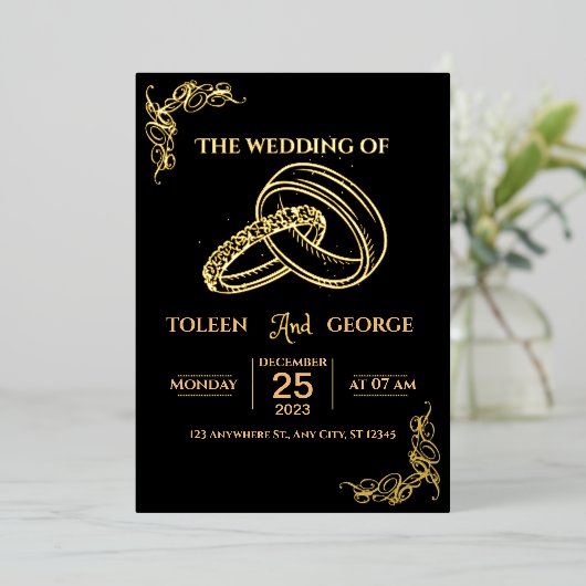エレガントな結婚式のブラックとゴールドの箔押し招待状 箔招待状 (立ち正面)