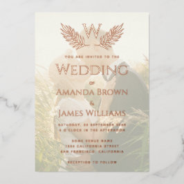 エレガントな結婚式のモノグラムリーフトランスパレントフォト 箔招待状