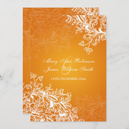 エレガントな結婚式のヴィンテージがオレンジ色に渦巻く 招待状 (正面/裏面)