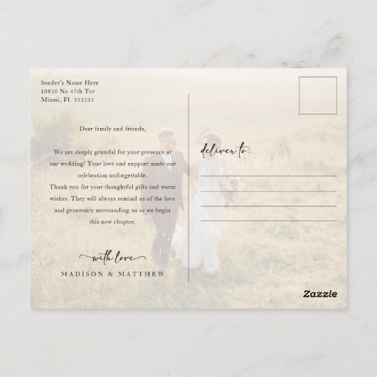 エレガントな結婚式の写真ありがとう ポストカード (裏面)