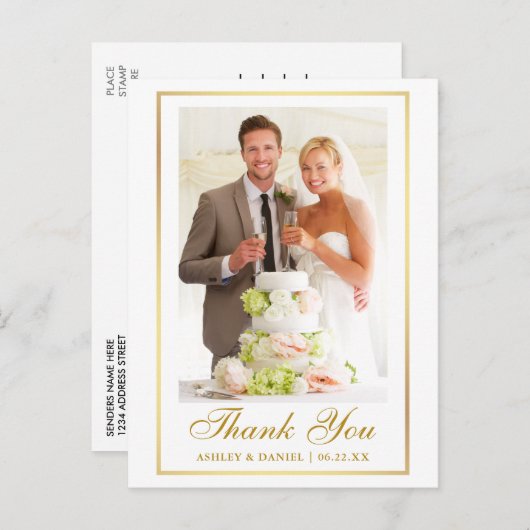 エレガントな結婚式の写真金ゴールドフレームありがとう ポストカード (正面/裏面)