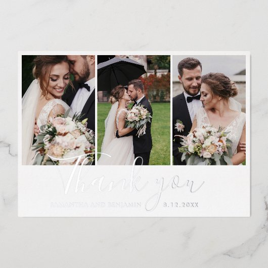 エレガントな結婚式の写真 サンクス シルバーフォイル カード (正面)