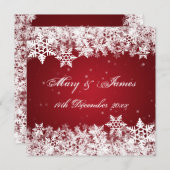 エレガントな結婚式の冬の雪の結晶レッド 招待状 (正面/裏面)