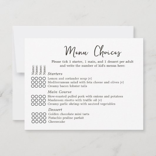 エレガントな結婚式の出欠返信カード メニュー選択肢4名様用 出欠カード (裏面)