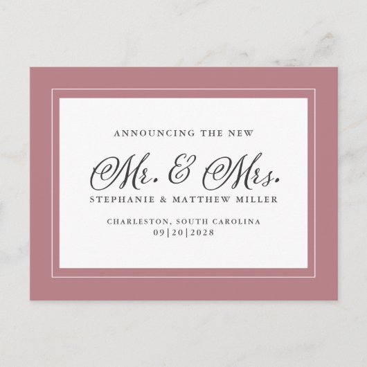 エレガントな結婚式の報告カード　ダスティローズピンク インビテーションポストカード (正面)