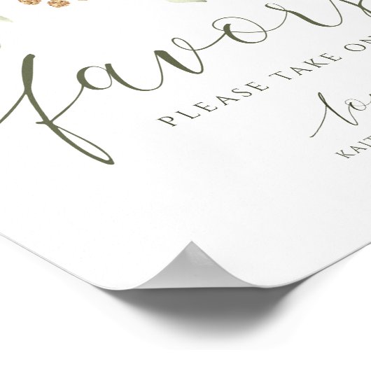 エレガントな結婚式の好意が緑の葉の白に署名 ポスター (角)