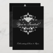 エレガントな結婚式の招待の宝石のハートの白黒 招待状 (正面/裏面)