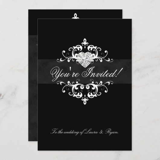 エレガントな結婚式の招待の宝石のハートの白黒 招待状 (正面/裏面)