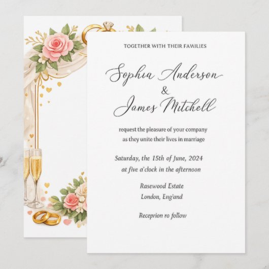 エレガントな結婚式の招待状カバー | ロマンチックな花 招待状 (正面/裏面)