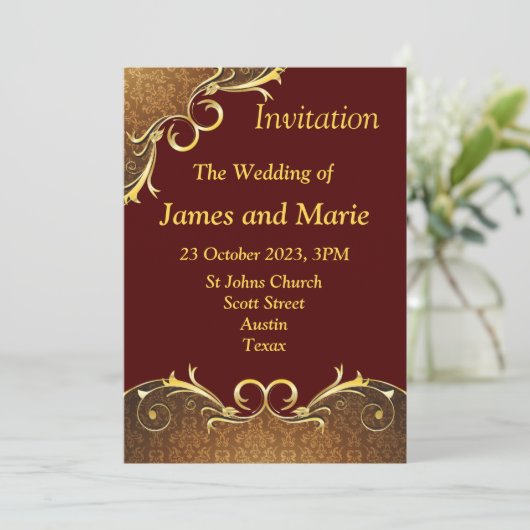 エレガントな結婚式の招待状, バーガンディ/ゴールドのスクロール 招待状 (スタンド正面)