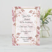 エレガントな結婚式の招待状, ピンクの花模様が大理石風 招待状 (スタンド正面)