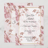 エレガントな結婚式の招待状, ピンクの花模様が大理石風 招待状 (正面/裏面)