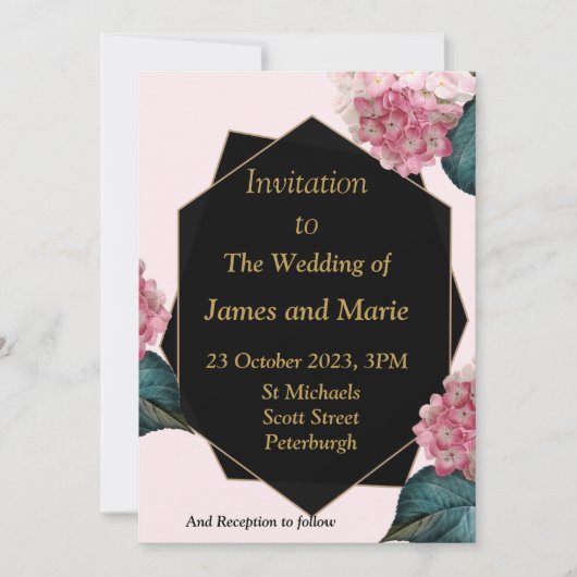 エレガントな結婚式の招待状, ピンクの花, 黒 招待状 (正面)