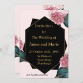 エレガントな結婚式の招待状, ピンクの花, 黒 招待状 (正面/裏面)