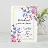 エレガントな結婚式の招待状, ピンク, 青い花 招待状 (スタンド正面)