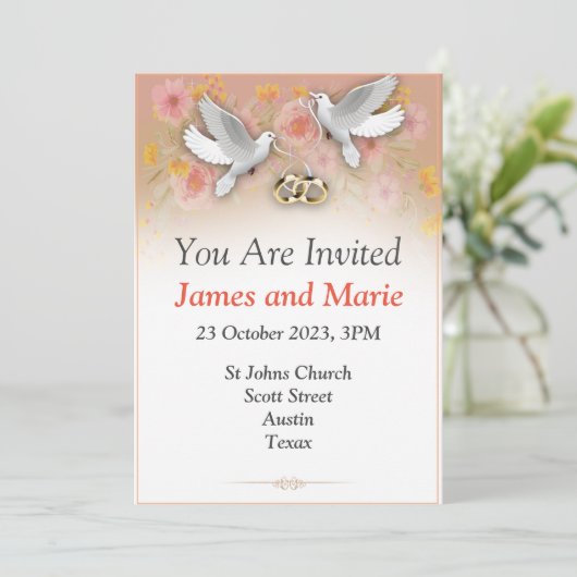 エレガントな結婚式の招待状, 白い鳩と指輪 招待状 (スタンド正面)