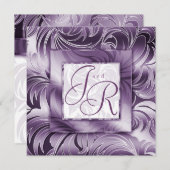 エレガントな結婚式の招待状 葉の花模様 紫 シルバー 招待状 (正面/裏面)