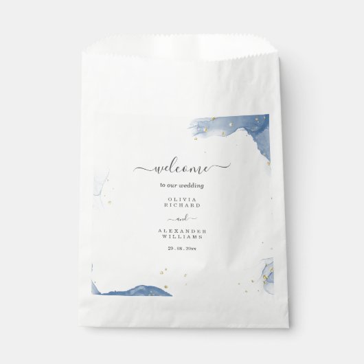 エレガントな結婚式の招待状 青と金のミニマル フェイバーバッグ (正面)