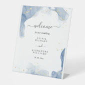 エレガントな結婚式の招待状 青と金のミニマル 台座サイン (正面)