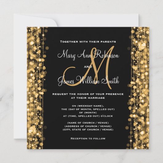 エレガントな結婚式の招待状 Save The Date ゴールドのスパークル 招待状 (正面)