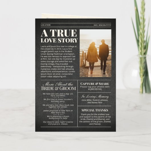 エレガントな結婚式の新聞とタイムラインブラック&金ゴールド 箔グリーティングカード (裏面)