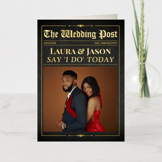 エレガントな結婚式の新聞とタイムラインブラック&金ゴールド 箔グリーティングカード (正面)