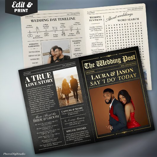 エレガントな結婚式の新聞とタイムラインブラック&金ゴールド 箔グリーティングカード