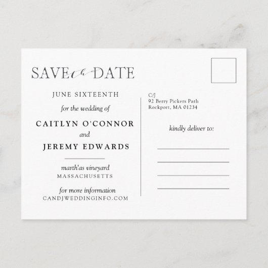 エレガントな結婚式の日付の写真はがきを保存 案内ポストカード (裏面)