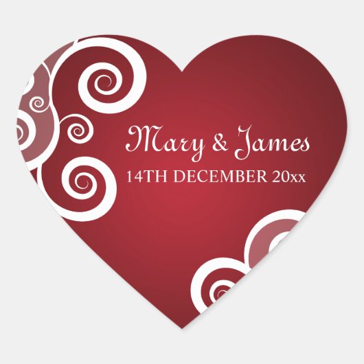 エレガントな結婚式の日付の白い渦巻き赤 ハートシール (正面)