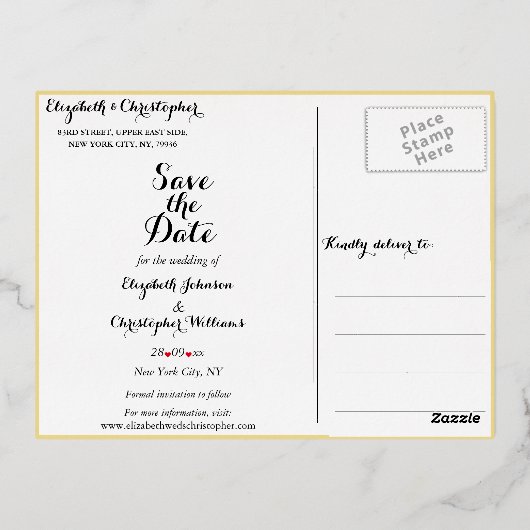 エレガントな結婚式の日付を保存する白フェイク金ゴールド 箔招待状ポストカード (裏面)