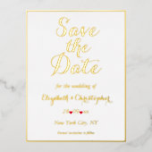 エレガントな結婚式の日付を保存する白フェイク金ゴールド 箔招待状ポストカード (正面)