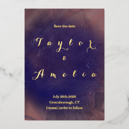 エレガントな結婚式の日付を保存する紫実在 箔招待状