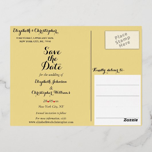 エレガントな結婚式の日付を保存ブラックフェイク金ゴールド 箔招待状ポストカード (裏面)