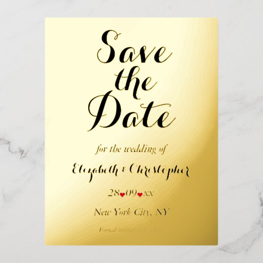 エレガントな結婚式の日付を保存ブラックフェイク金ゴールド 箔招待状ポストカード (正面)