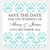 エレガントな結婚式の日付を保存ブルーダマスク スクエアシール (正面)