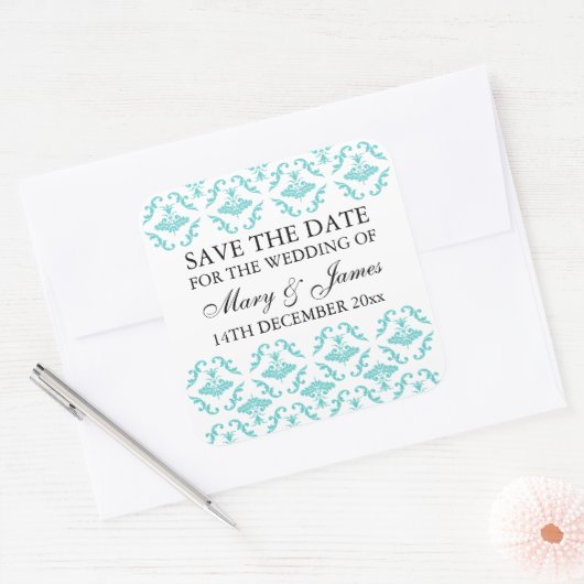 エレガントな結婚式の日付を保存ブルーダマスク スクエアシール (封筒)