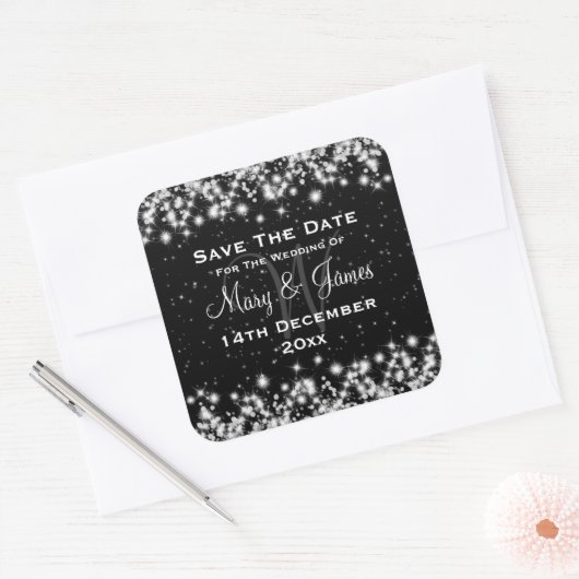エレガントな結婚式の日付を除く冬の輝く黒 スクエアシール (封筒)