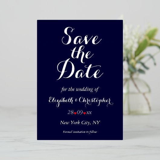 エレガントな結婚式の日付ネイビーブルーシルバーを保存 箔招待状 (立ち正面)