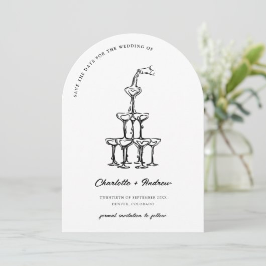 エレガントな結婚式の日付マルティニタワーアーチを保存 招待状 (スタンド正面)