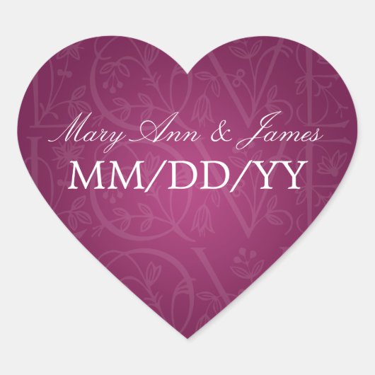 エレガントな結婚式の日付ラブフローリッシュベリーピンク ハートシール (正面)