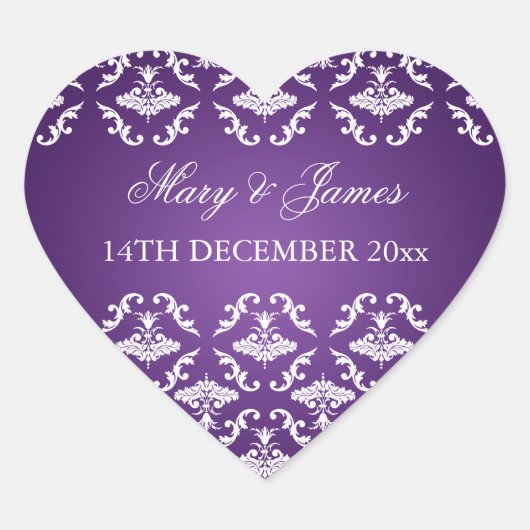 エレガントな結婚式の日付ヴィンテージダマスクパープル ハートシール (正面)