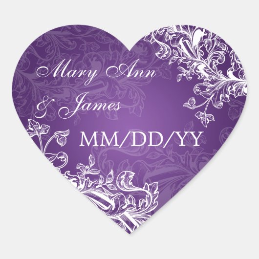 エレガントな結婚式の日付ヴィンテージ渦巻き紫 ハートシール (正面)
