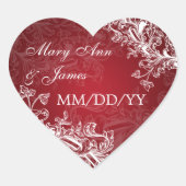 エレガントな結婚式の日付ヴィンテージ渦巻き赤 ハートシール (正面)